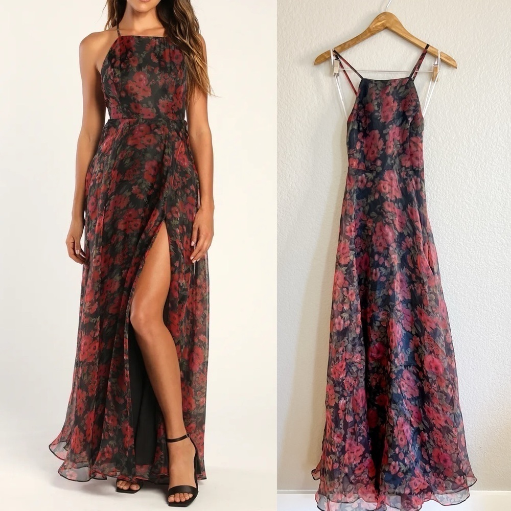 NWOT Dreamy Elegance Black Floral Print Organza Backless Maxi Dress